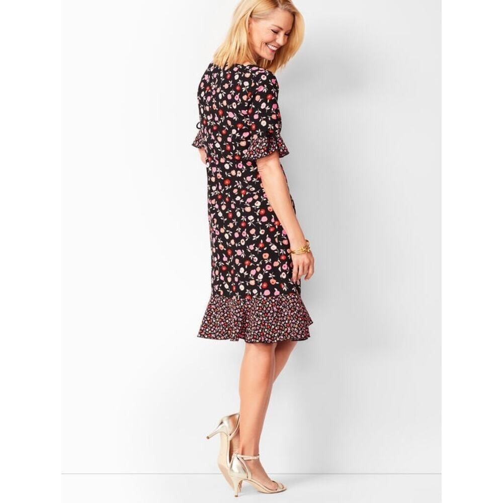 Talbots Floral Shift Midi Dress Size 8 Black Pink Cottage-core Romantic Garden - Picture 4 of 8